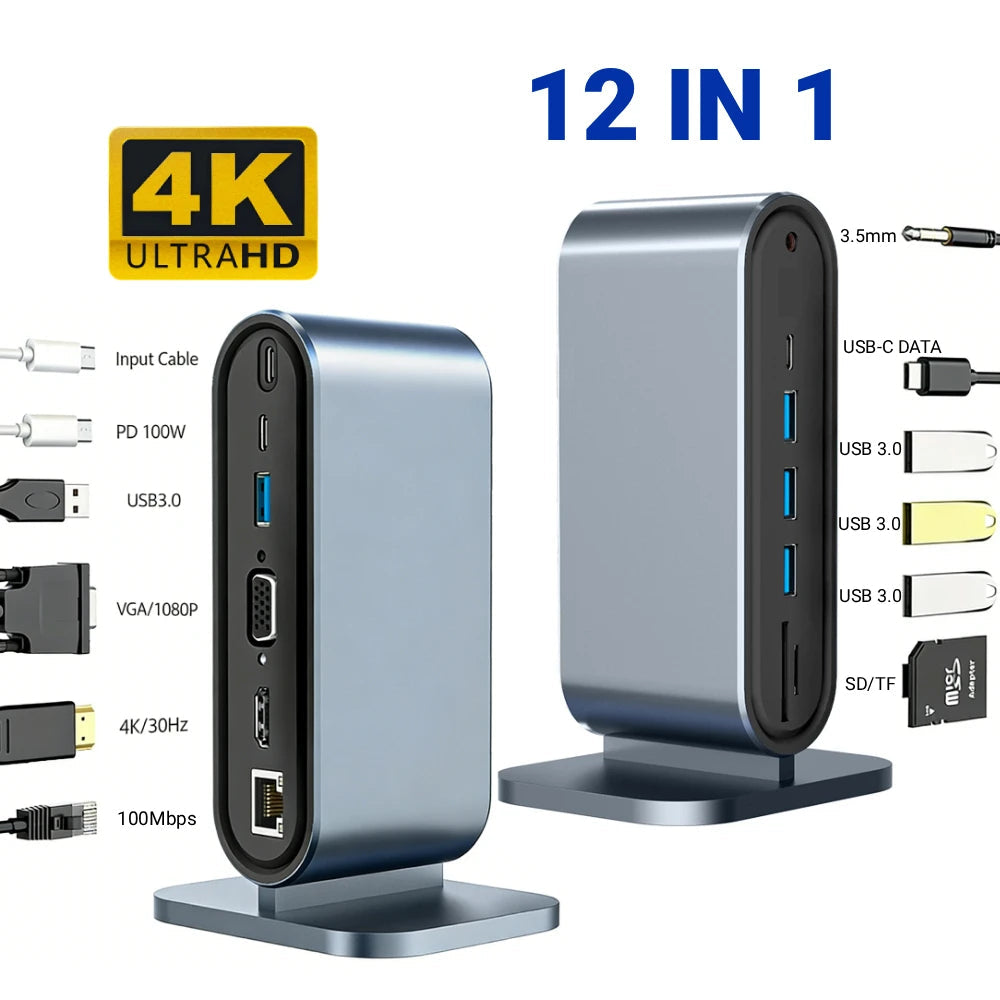 12-IN-1 Metallic Type-C HDMI Compatible RJ45 Docking Station