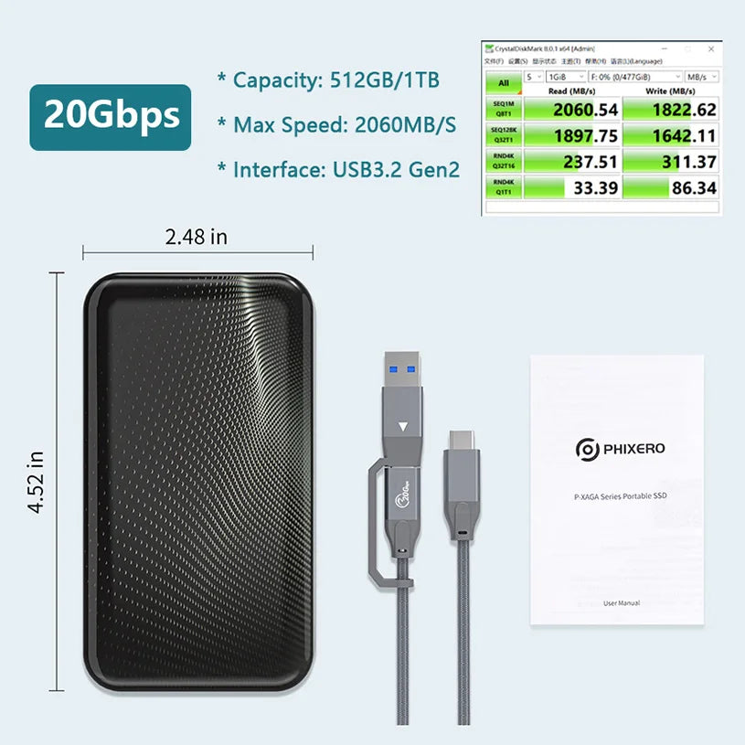 Aluminum Alloy 20Gbps 1TB 2TB External Solid State Drive For Desktop