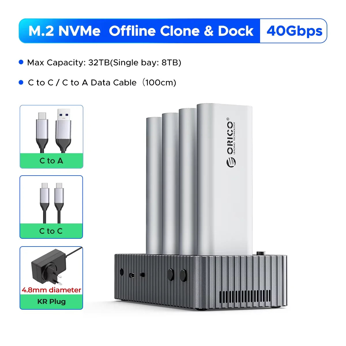 Aluminum 4 Bay 40Gbps M.2 NVMe SSD Clone Docking Station