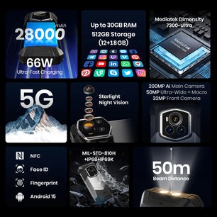 28000mAh 512GB Android F107 PRO 5G Rugged Smartphone