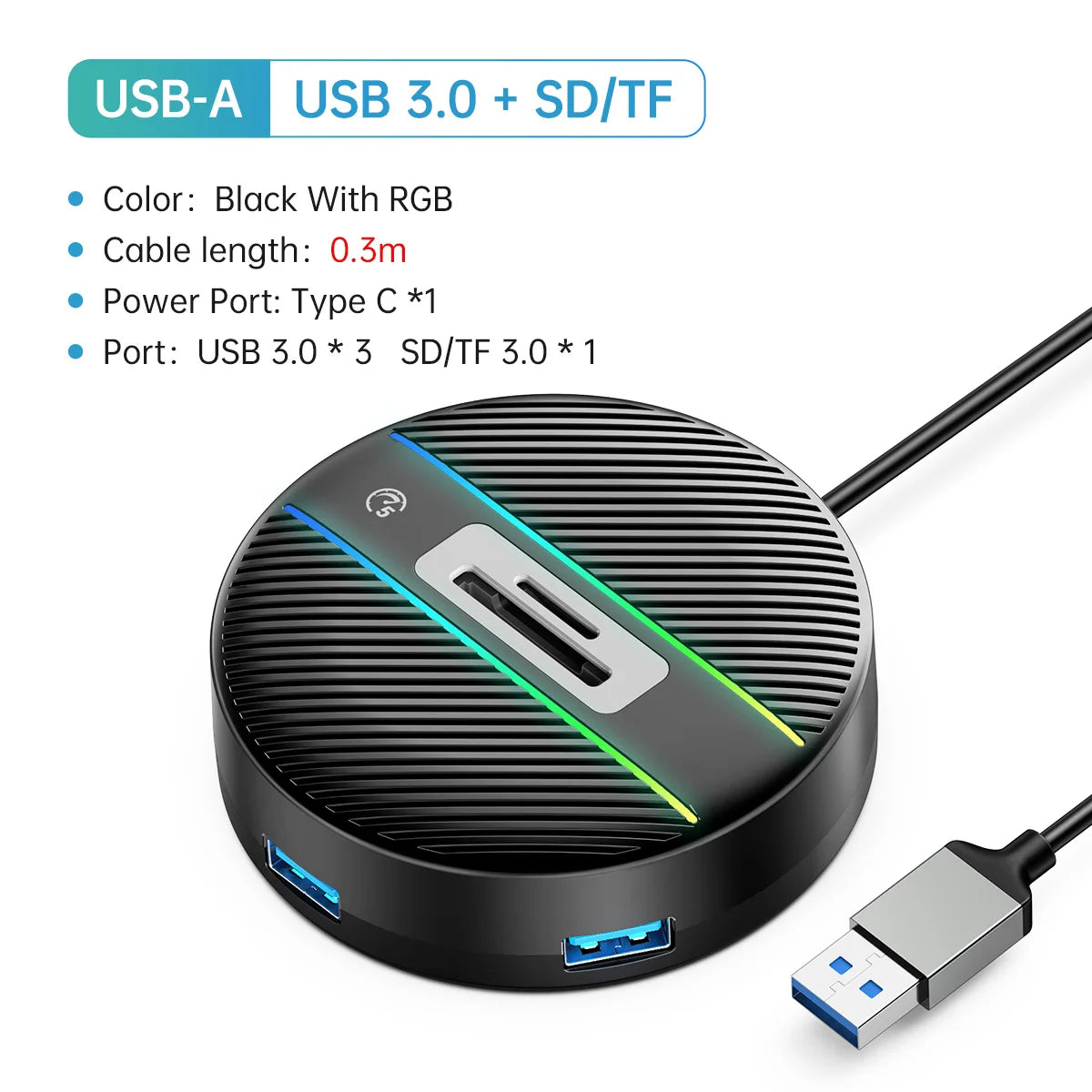 4 Ports USB 3.0 HUB Round USB C Splitter with Type-C Charge