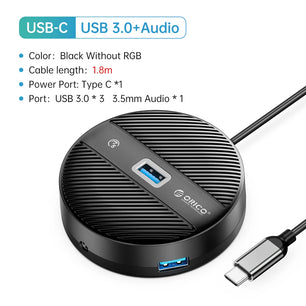 4 Ports USB 3.0 HUB Round USB C Splitter with Type-C Charge