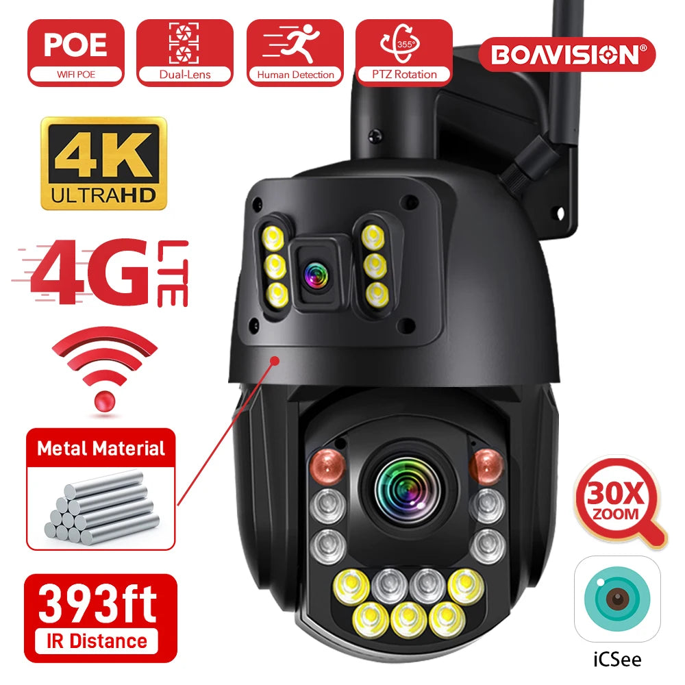 Boavision 8MP WIFI 4G Dual Lens Night Vision Security Camera