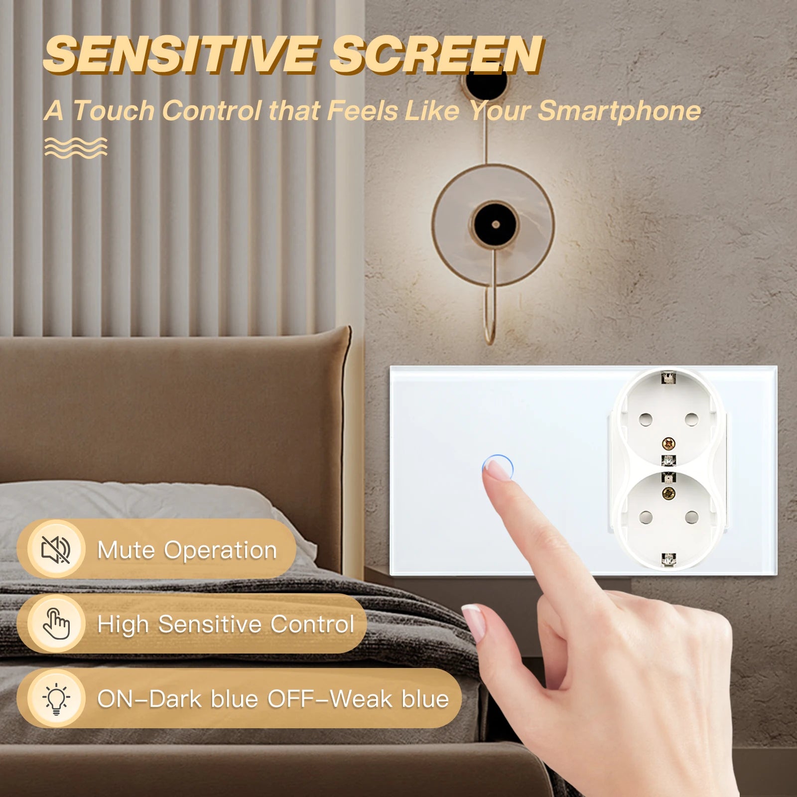 Bseed 10A Alloy 3 Gang Touch Switch With Double Wall Socket