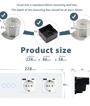 Bseed 10A Alloy 3 Gang Touch Switch With Double Wall Socket