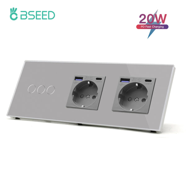 Bseed 10A Alloy 3 Gang Touch Switch With Double Wall Socket