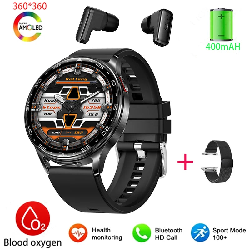 2-In-1 Bluetooth Earphones With Alloy AMOLED Display Smartwatch