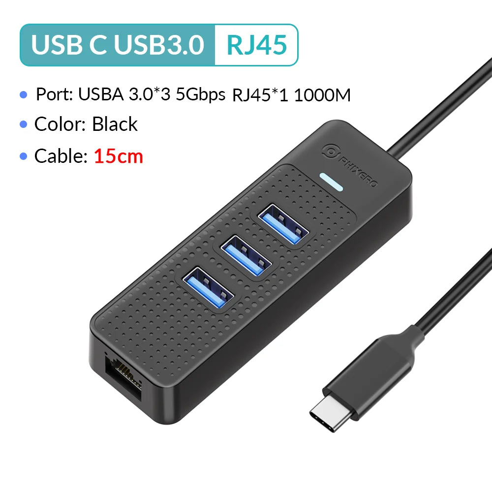 1000Mbps Ethernet Type-C USB 3.0 Hub With RJ45 USB Splitter