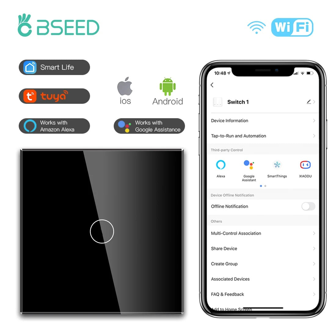 Bseed 10A Alloy 1 Gang 3 Way Touch Wifi Smart Compatible Switch