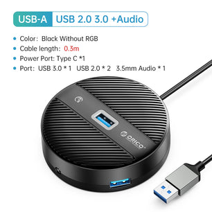 4 Ports USB 3.0 HUB Round USB C Splitter with Type-C Charge