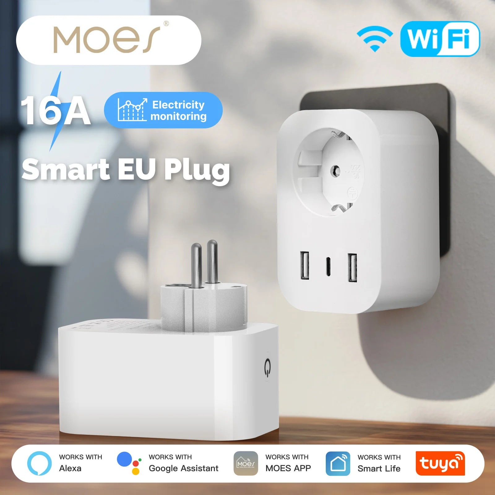 MOES WiFi 16A Plug USB Type-C Power Monitor with Alexa Google Home