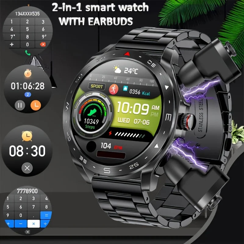 2-In-1 Waterproof Alloy AMOLED Display Smartwatch With Earphones