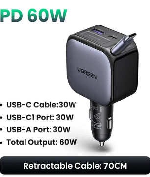 Ugreen 60W Alloy USB Type-C Car Charge For iPhone and Samsung