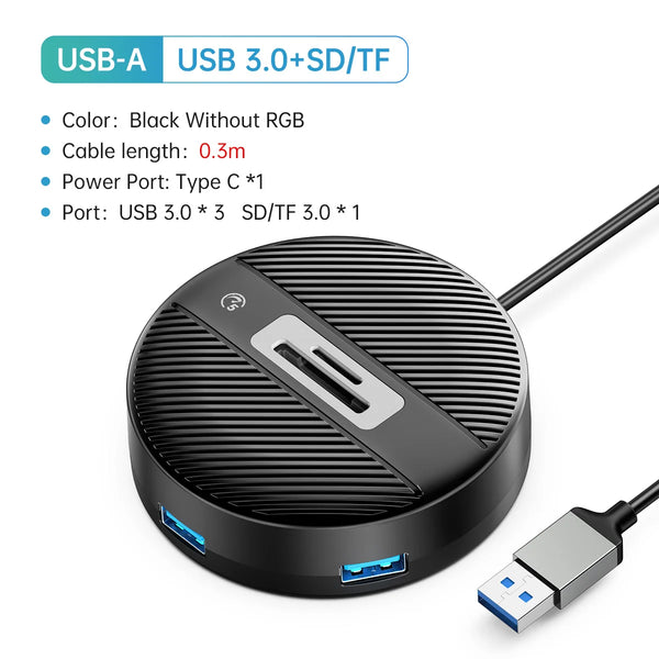 4 Ports USB 3.0 HUB Round USB C Splitter with Type-C Charge