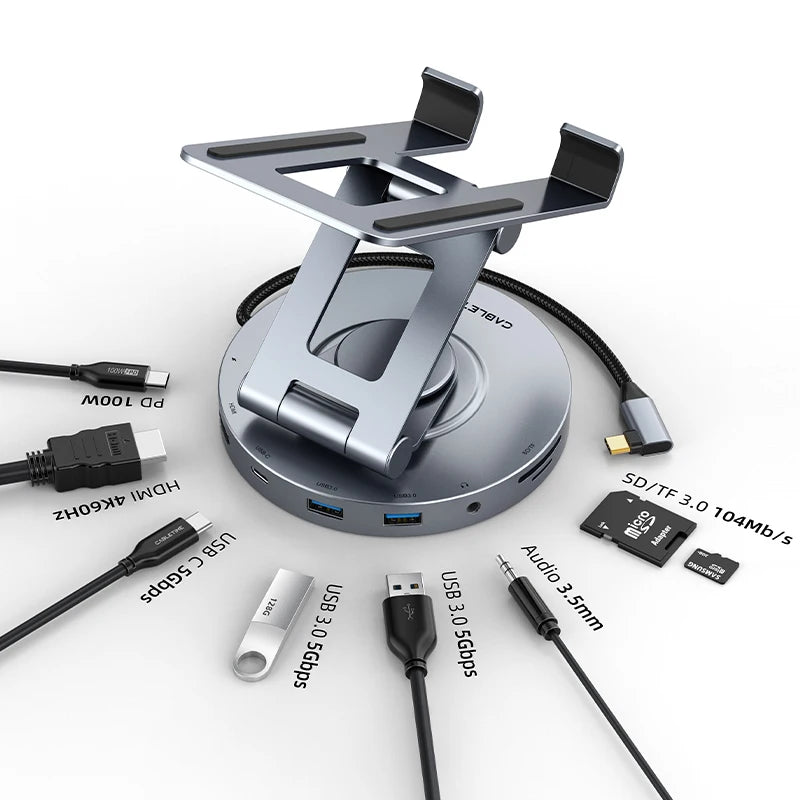 PD 100W Aluminum USB 3.0 8-IN-1 360 Rotating Stand Hub