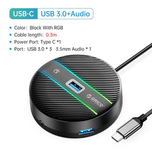 4 Ports USB 3.0 HUB Round USB C Splitter with Type-C Charge