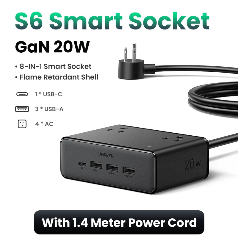 Ugreen 8 IN 1 Power Strip US Plug 4 AC Outlets Fast Charger