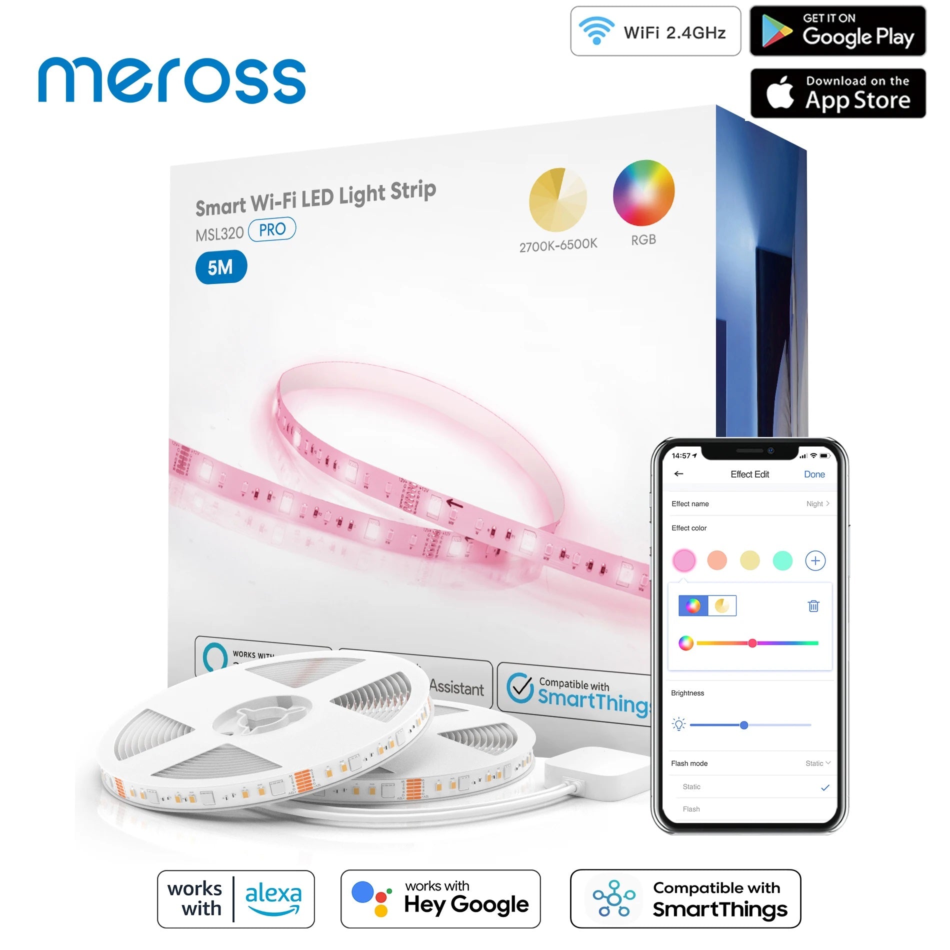 Meross Smart WiFi Compatible Alexa Google RGB LED Strip Lights