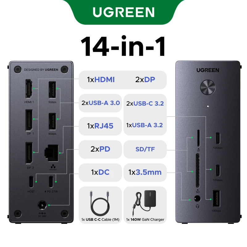 Ugreen 14-IN-1 10Gbps Metal Type-C HDMI RJ45 Docking Station