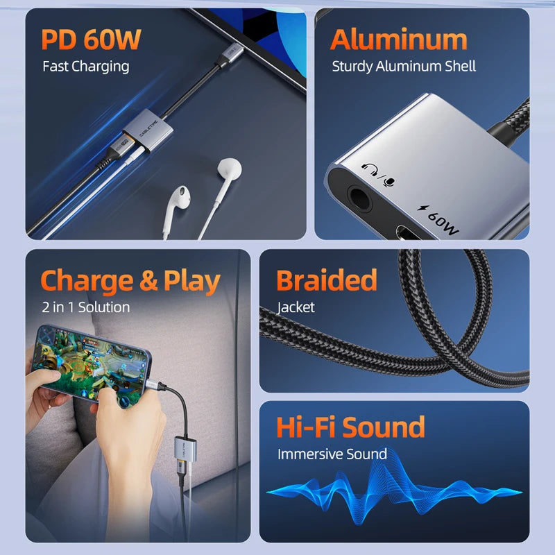 Aluminum Alloy USB C Headphone & Charger 2-IN-1 Adapter For Xiaomi