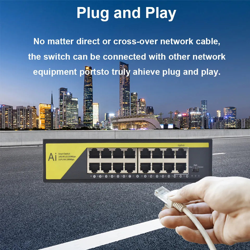 16 Ports 100% ABS 100Mbps POE Ethernet Network Hub For Desktop