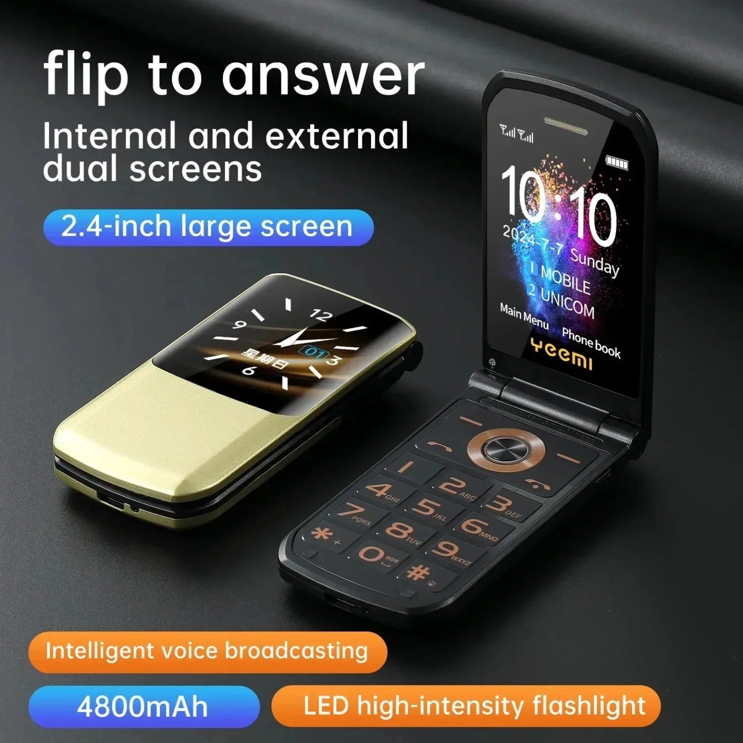 4800mAh 1MP Normal Screen High Quality 2.4inch Flip Smartphone