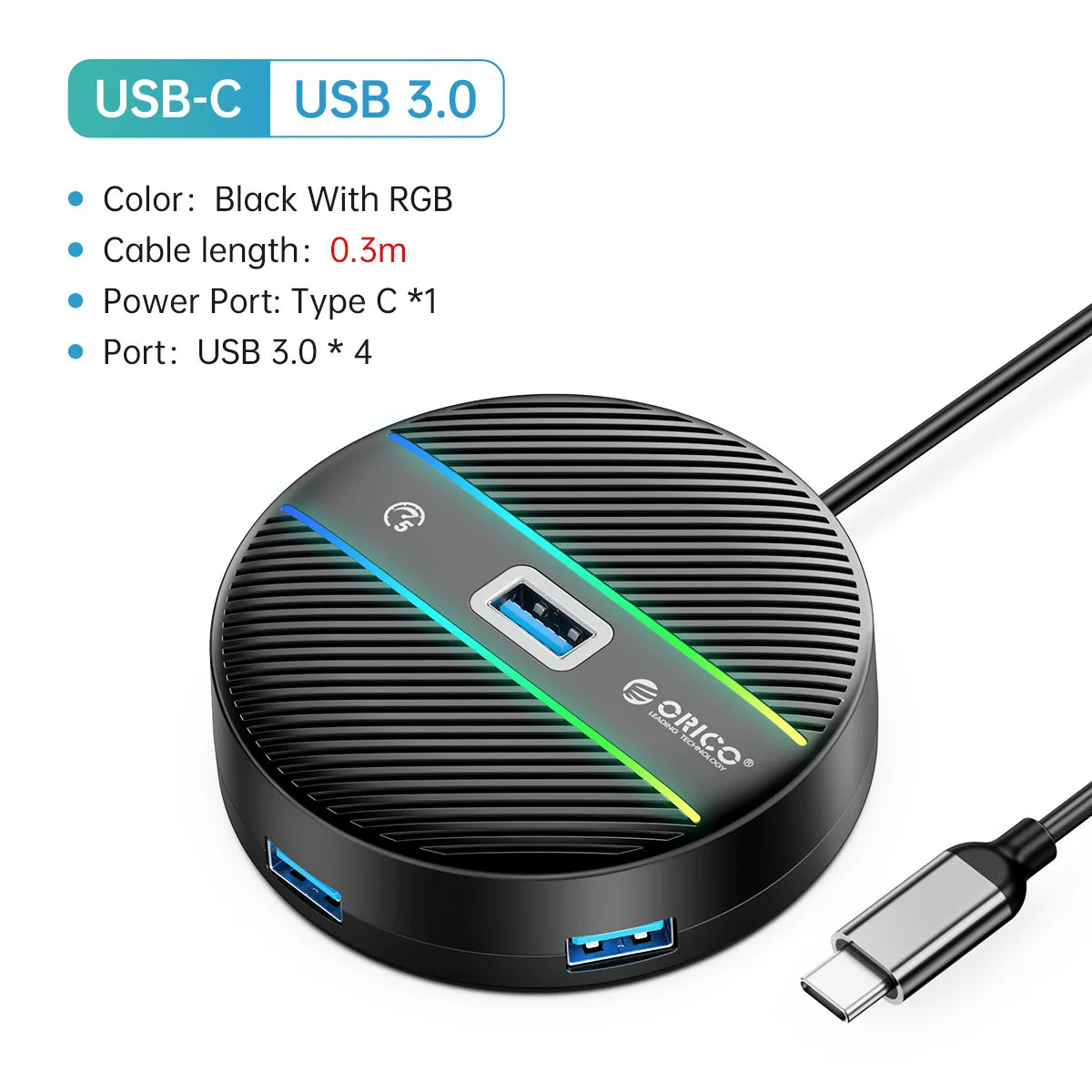 4 Ports USB 3.0 HUB Round USB C Splitter with Type-C Charge