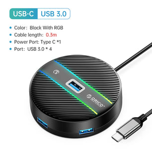 4 Ports USB 3.0 HUB Round USB C Splitter with Type-C Charge