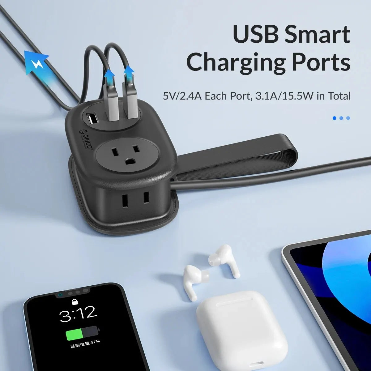 10A High Speed Extension Cord Portable Power Outlet for Travel