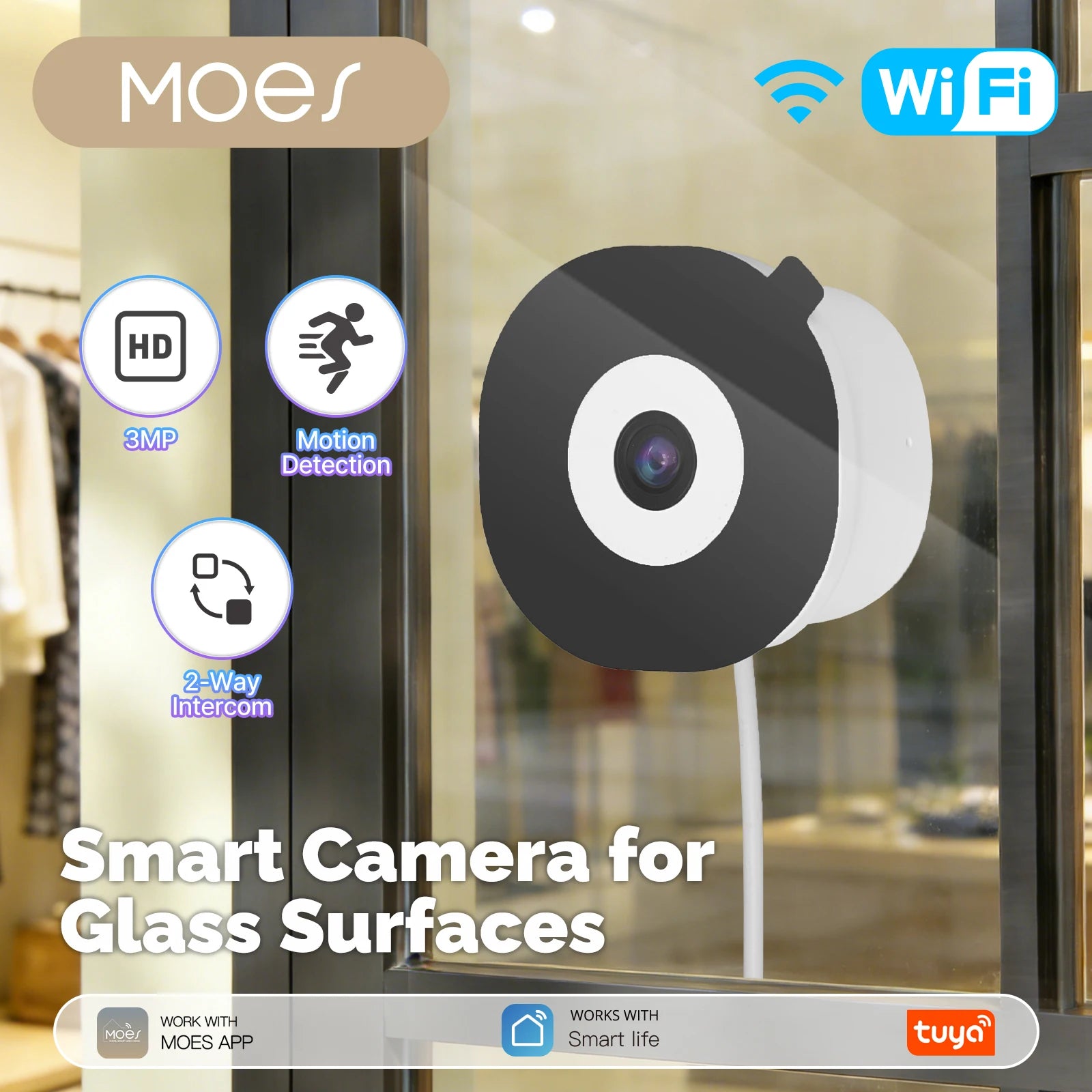 2.4GHz 3MP MOES Tuya Glass Surface WiFi Smart Window Camera