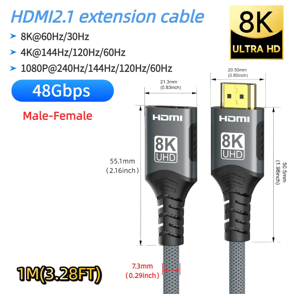 Aluminium 7.3mm 48Gbps HDMI-Compatible 2.1 Cable For Laptop