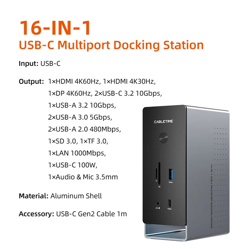 16-IN-1 USB C HDMI-compatible 4K HDMI Hub Docking Station