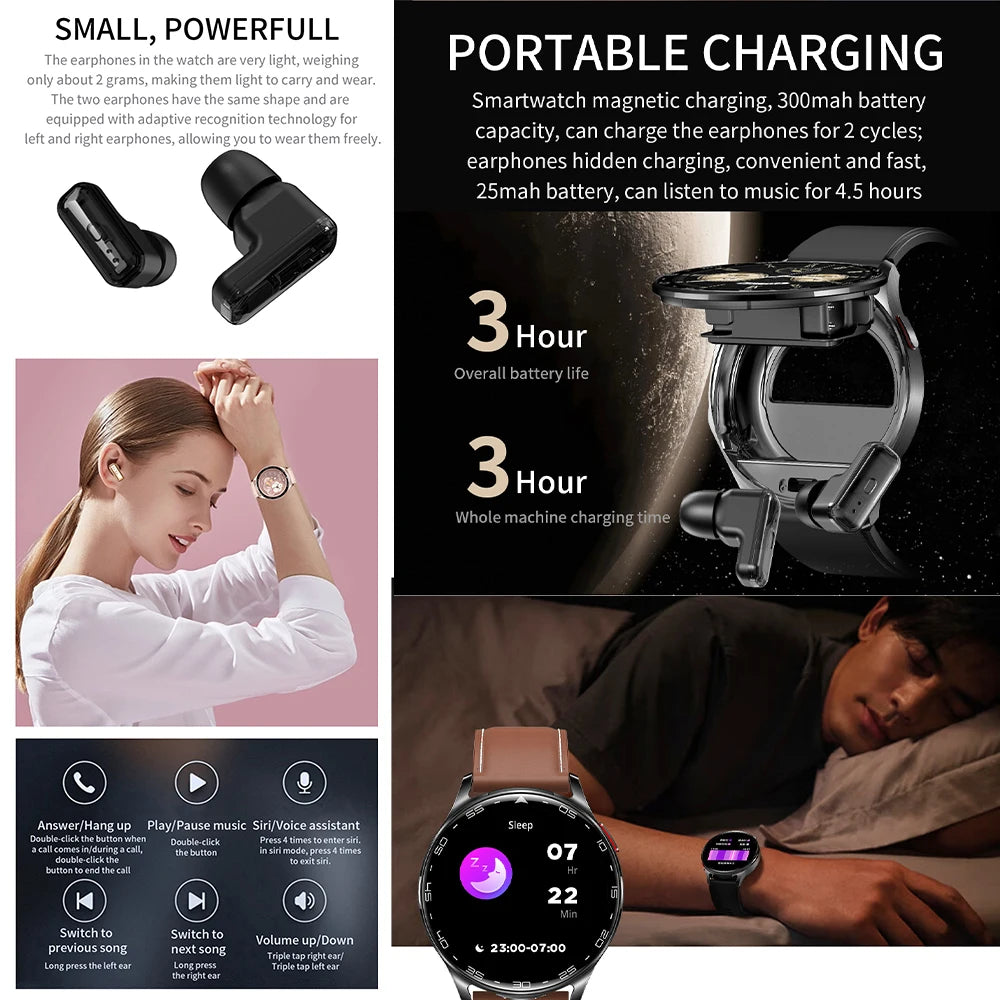 2-In-1 Silica Gel Waterproof Bluetooth Earphones With Smartwatch