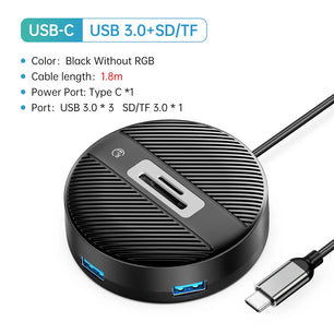 4 Ports USB 3.0 HUB Round USB C Splitter with Type-C Charge