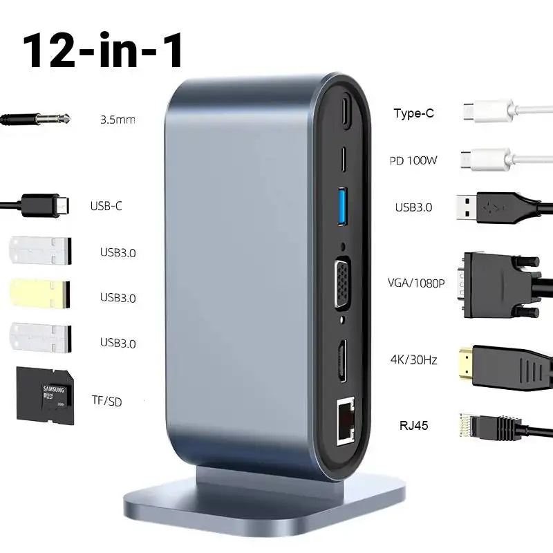 12-IN-1 Metallic Type-C HDMI Compatible RJ45 Docking Station