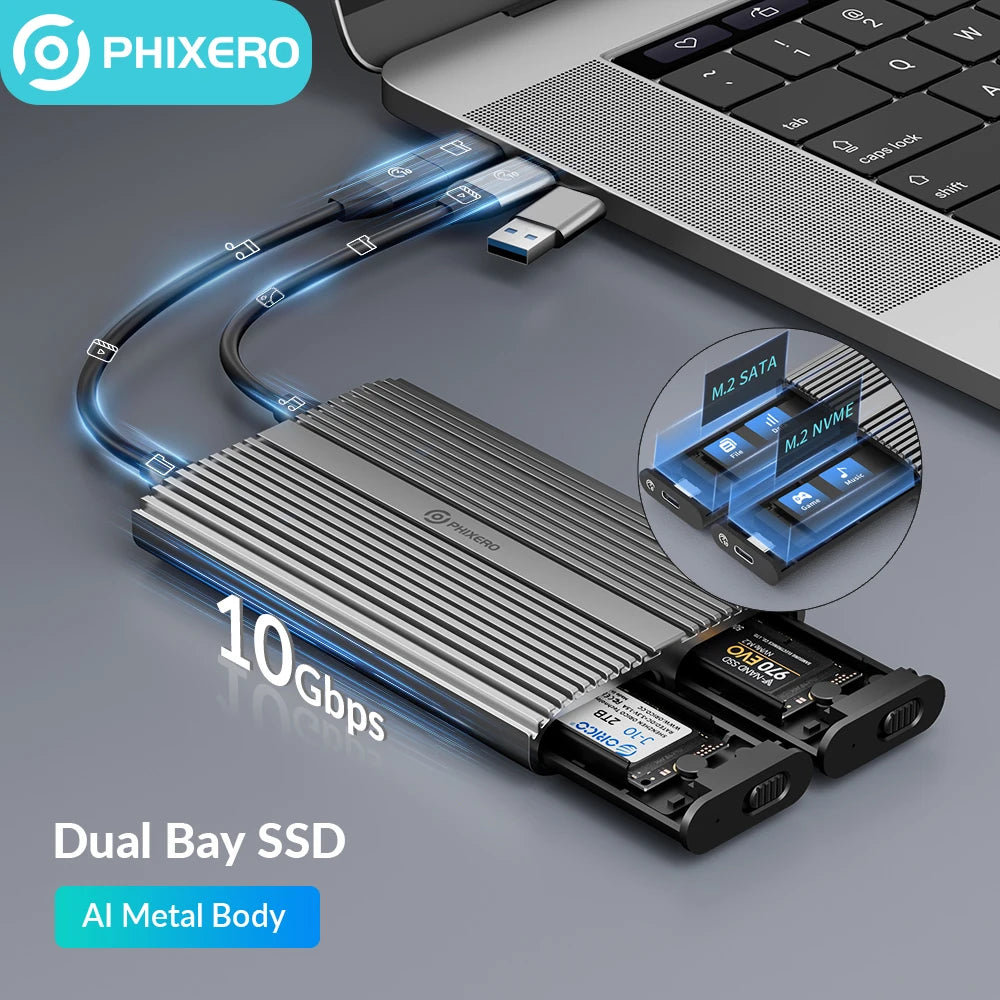 3.0 Type C External HD Hard Drive Disk Enclosure Dual Bay Storage Box