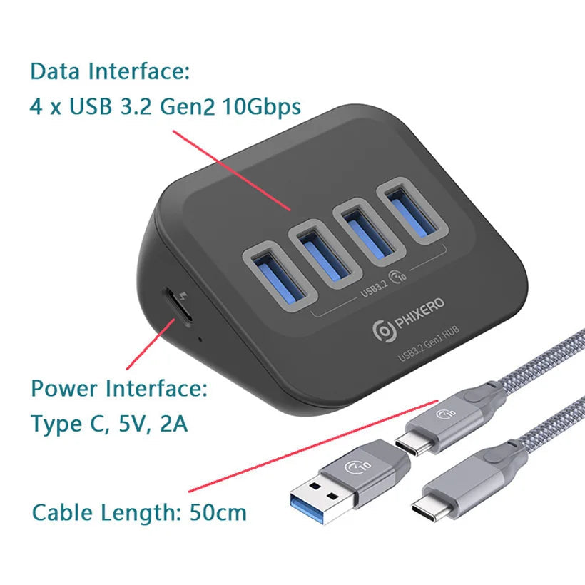 10Gbps Aluminum Alloy USB 3.2 Multi Port Docking Station Hub