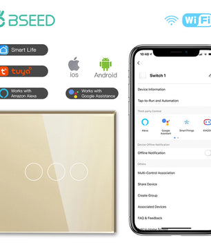 Bseed 10A Alloy 3 Gang Crystal Glass Panel Wall Light Touch Switch